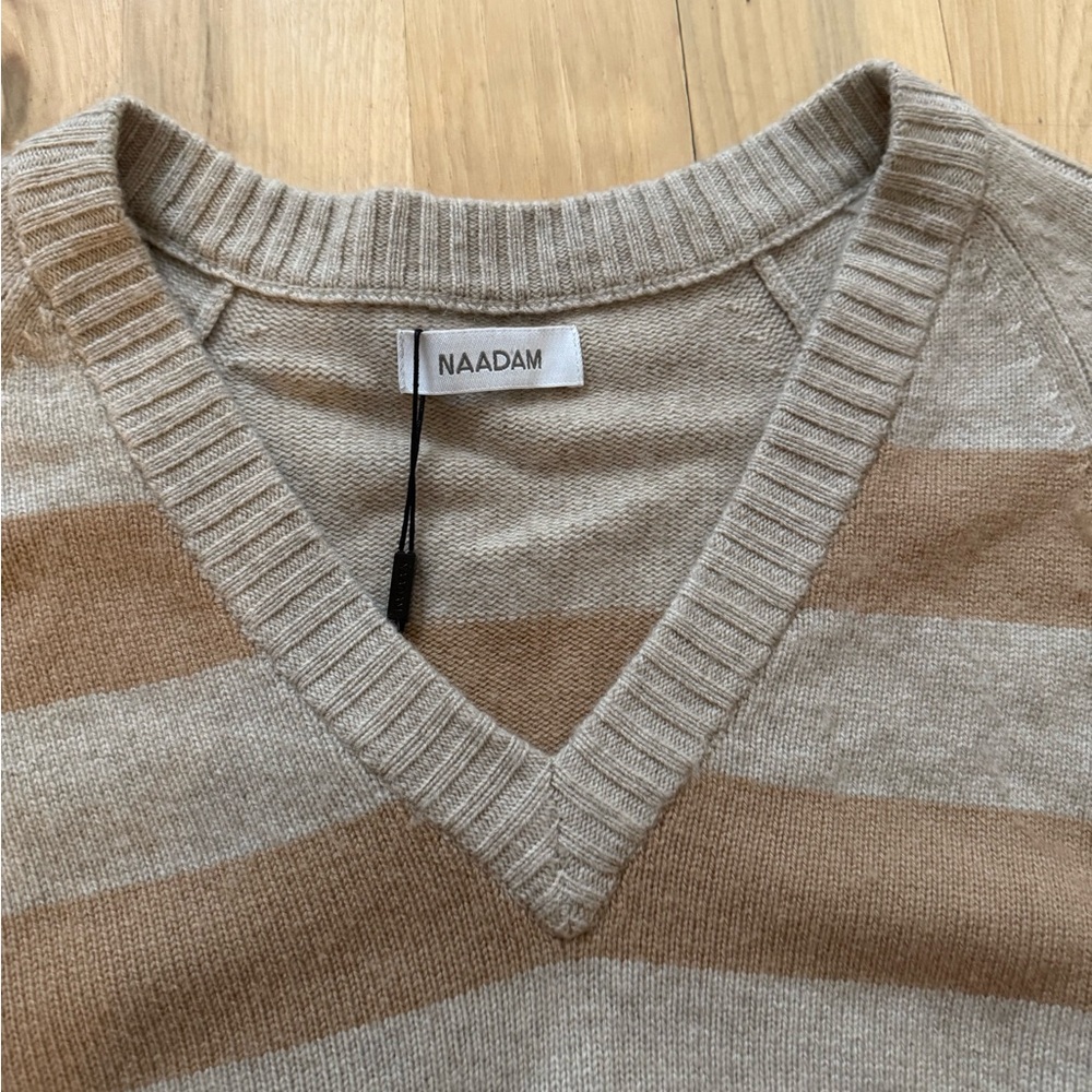 NWT NAADAM Dip Dye V-Neck Wool Cashmere Brown Stripe Sweater Size S - Picture 3 of 9